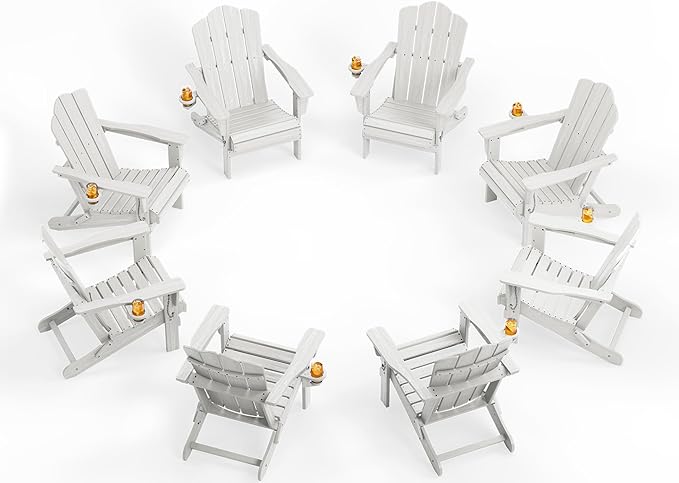 KINGYES Folding Adirondack Chair Set of 8, HDPE All-Weather Patio Chairs with Cup Holder, Wooden Textured Fire Pit Chairs for Poolside, Backyard, Deck, White