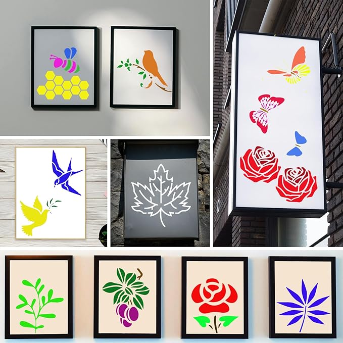 60 Pcs Stencils for Painting Flower Plants Templates, Reusable Leaves Bird Bee Butterfly Stencil,DIY Craft Drawing Plastic Set 3 x 3 Inch for Paint on Wood Wall Paper Home Decor