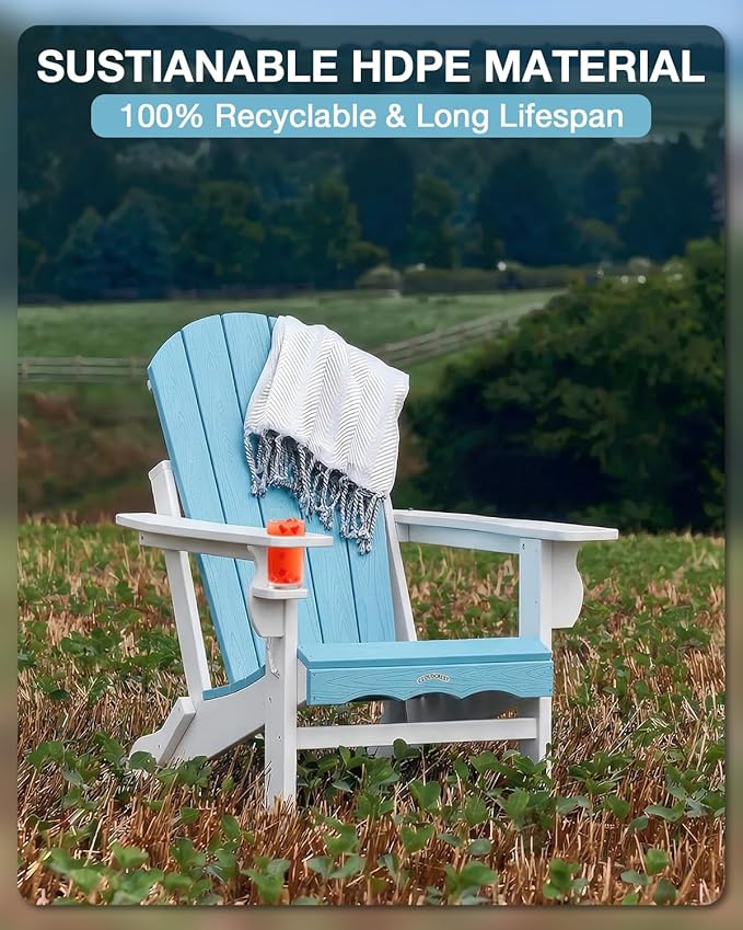 Folding Adirondack Chair –Recyclable HDPE Outdoor Adirondack Patio Chair with Cup Holder, Wood Texture & Umbrella Hole, 25-Year Fade-Free All Weather for Fire Pit, Porch, Poolside, Deck, Aruba & White