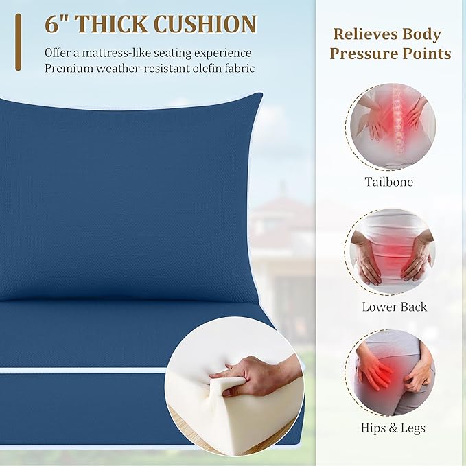 Outdoor Deep Seat Cushion Set, Fade Resistant Patio Chair Cushions, 24x24x6 Inch Patio Sofa Furniture Pad with Removable Cushion Covers (Navy Blue+White Side, 24''Lx24''Wx6''H-1pcs Set)