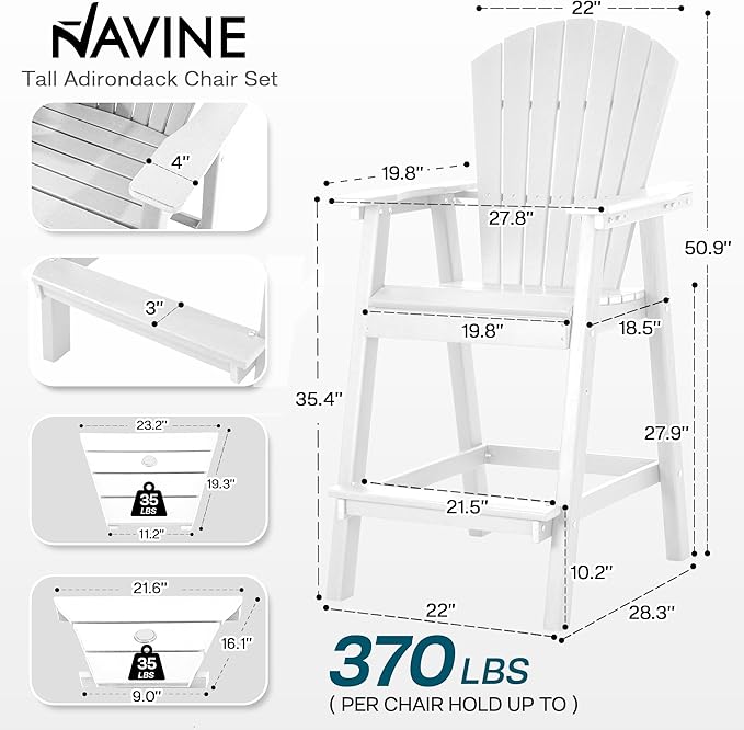 Tall Adirondack Chairs Set of 4, HDPE Balcony Chair with Double Connecting Tray, Weather Resistant Outdoor Adirondack Bar Stools for Patio, Deck, Patio, Backyard, Balcony. (White)