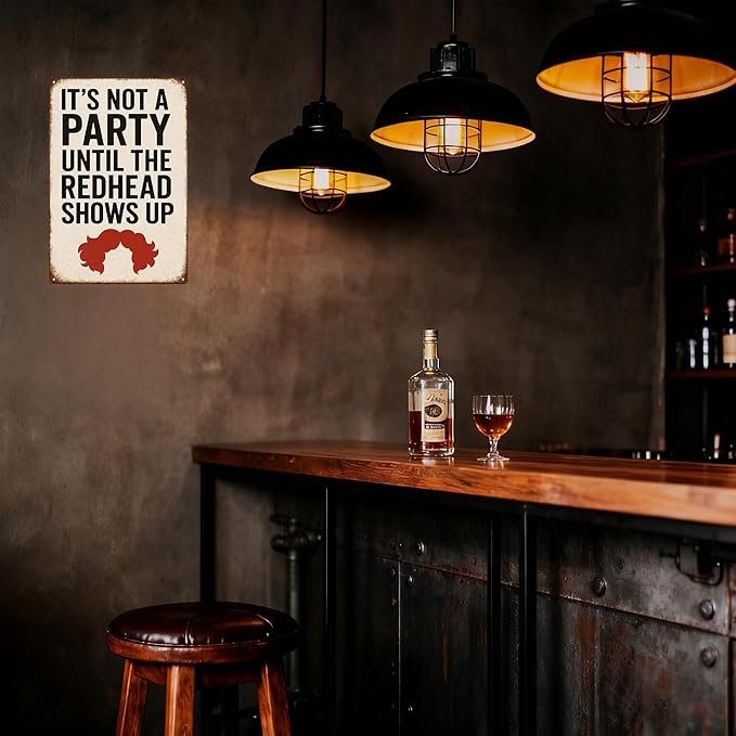 Football Party Decorations Funny Football Gift Vintage Redhead Metal Sign –“IT’S NOT A PARTY UNTIL THE REDHEAD SHOWS UP” Retro Wall Decor for Home Bar, Game Room, or Party Space – Humorous Gift for Redheads, Friends, and Fun Lovers (Redhead)