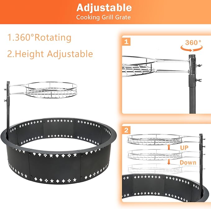 Fire Pit Ring with Grill 36" Fire Ring for Outside Fire Pit,Large DIY Fire Rings for Outside Wood Burning Smokeless Firepit Insert Liner Above/In-Ground Camping Firepit Ring for Outdoor Picnic BBQ