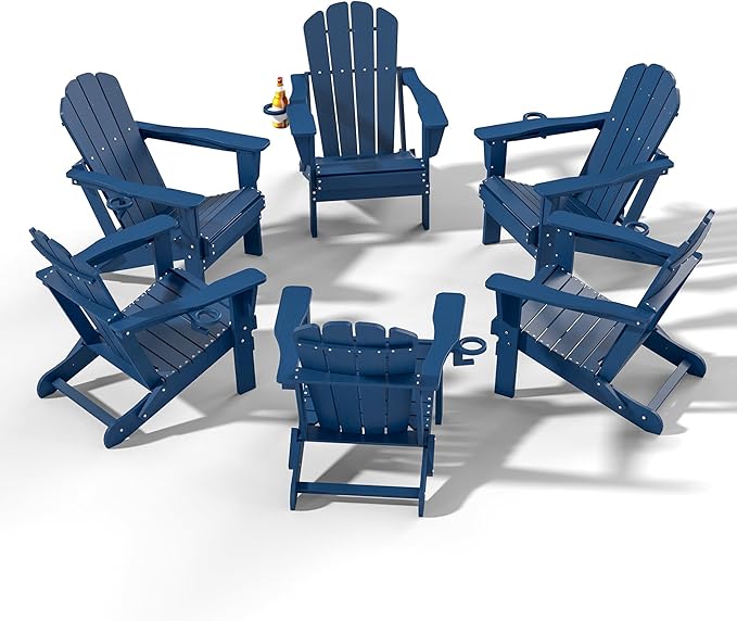 Domi Folding Adirondack Chairs Set of 6, HDPE All-Weather Outdoor Chairs with Cup Holder, Wooden Textured Fire Pit Chairs for Backyard, Patio, Poolside & Deck, Navy Blue