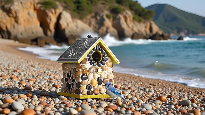 Premium River Pebble Bluebird House – Cedar Wood Outdoor Birdhouse with Embedded Metal Roof, Weather-Resistant Garden Nest Box for Wild Birds, Hanging & Pole Mountable (Yellow)