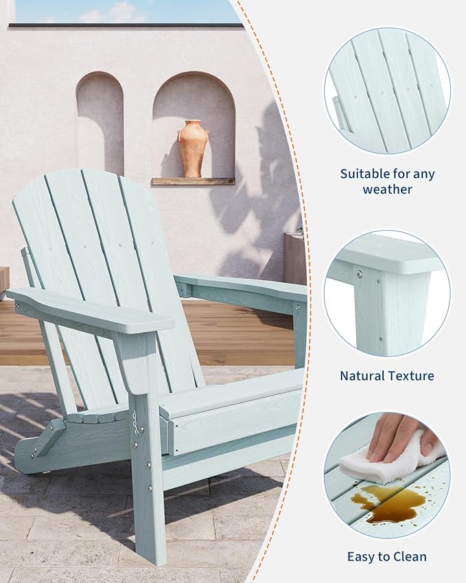 GarveeLife Folding Adirondack Chairs Set of 4, HDPE Plastic Outdoor Chairs with Wood Texture - 380 LBS & Weather Resistant for Fire Pit, Deck, Patio, Pool, Backyard - Light Blue
