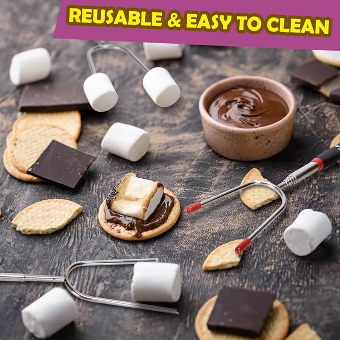 Marshmallow Roasting Sticks Set of 5 -Telescoping Long Smores Sticks for Fire Pit, Hot Dog Sticks for Campfire Grill Bonfire Party Supplies -With Santa Storage Sack