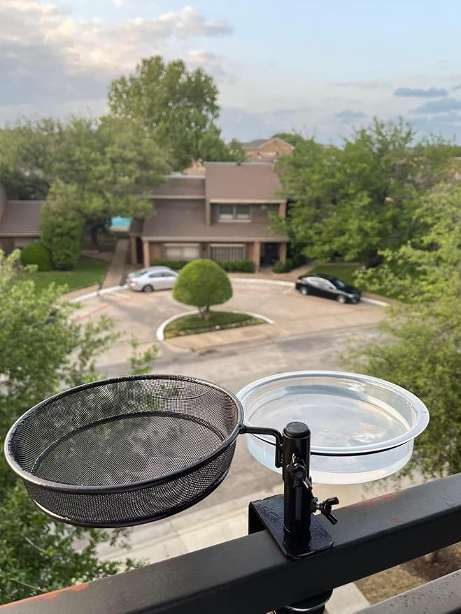 Deck Bird Feeder and Bath Platform Birdseed Tray Railing Handrail Mount Metal Feeder and Water Bowl for Wildbird Feeding