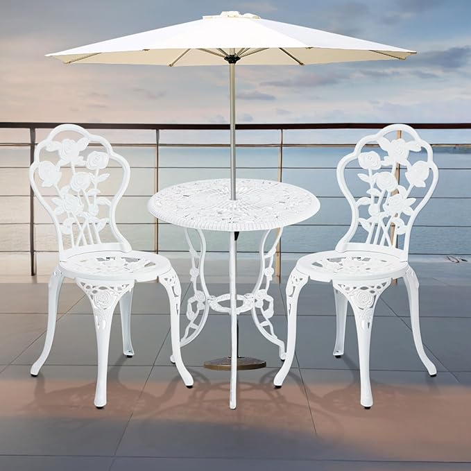 VINGLI 3 PCS Outdoor Bistro Set, Outdoor Patio Set, All-Weather Cast Aluminum Bistro Table Set, Bistro Table and Chairs Set of 2 for Backyard, Garden, Balcony (White, Rose)