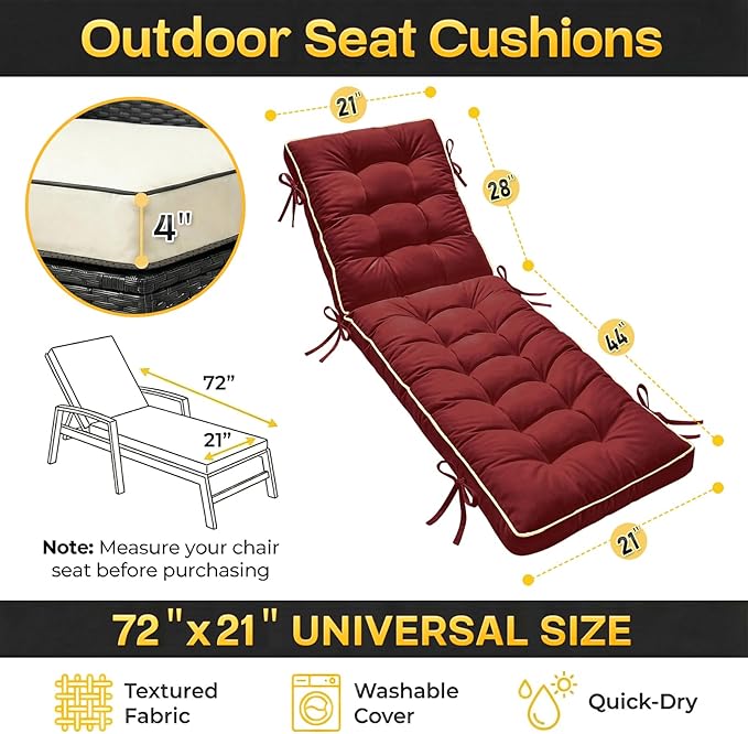 72x21 Inch Folding Chaise Lounge Cushion Quick Dry - Outdoor Sun Lounger Seat Pad with Shredded Foam for Patio Furniture, Deck Chairs, Poolside (RED, 72 INCH × 21 INCH)