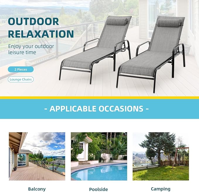 EROMMY Pool Chaise Lounge Chair Set of 2, Outdoor Lounge Chairs with Adjustable Backrest, Waterproof Upgraded Patio Lounge Chairs for Beach Yard Poolside