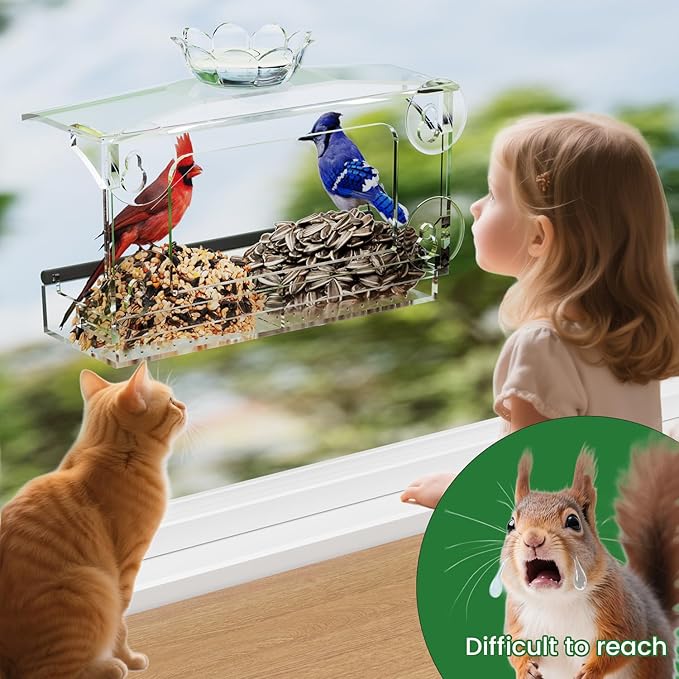 Window Bird Feeder for Outdoors-Clear Acrylic Window Bird Feeders with Strong Suction Cups and Removable Seed Tray,Transparent Birdhouse for Viewing Wild Birds, Ideal Outside Gardening Gifts