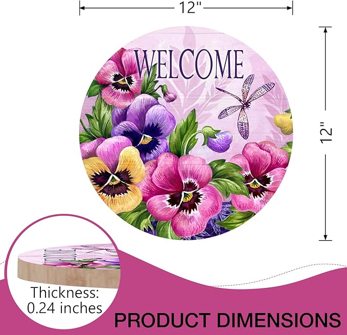Deroro Welcome Spring Summer Pansy Flower Front Door Sign, Pink Floral Dragonfly Wood Door Hanger Outdoor Outside Porch Decor, Seasonal Wooden Wreath Indoor Wall Hanging Decoration