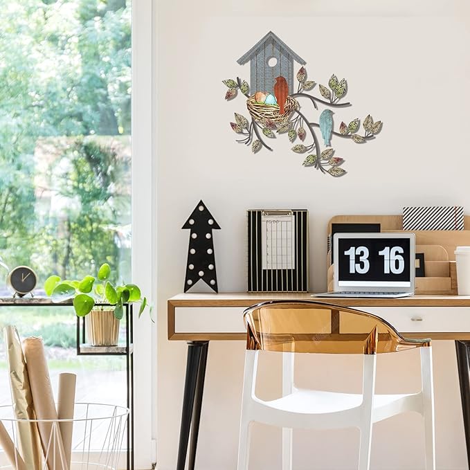 Peryiter Birds Wall Metal Decor for Outdoor Art Hanging Metal Tree with Birdhouse for Living Room Tree Leaf Wall Decor for Indoor Outdoor Garden(Brown, Blue)