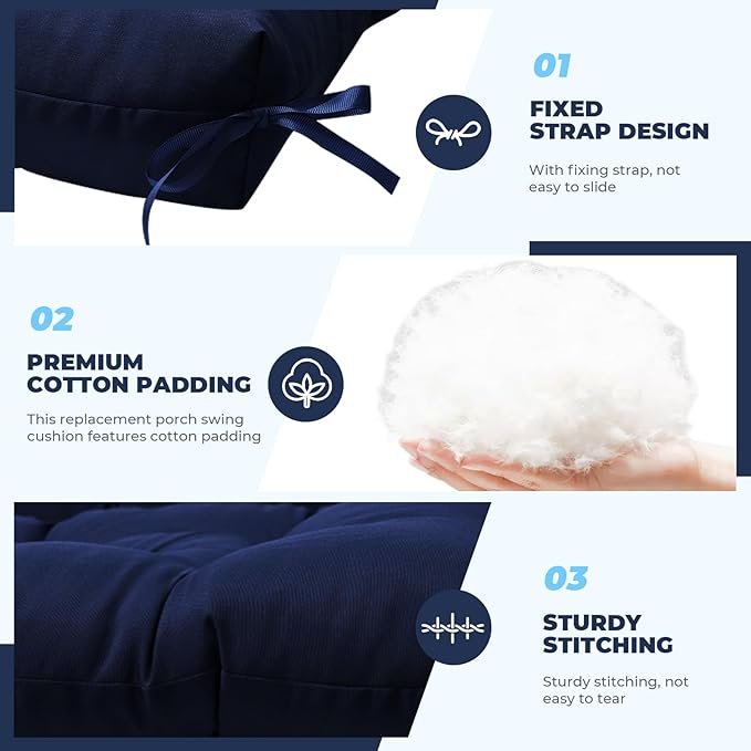 Porch Swing Cushions, Waterproof Swing Cushions Replacement with Backrest, Outdoor Swing Bench Cushions 2-3 Seater Replacement for Patio Furniture 60x40 (Navy)