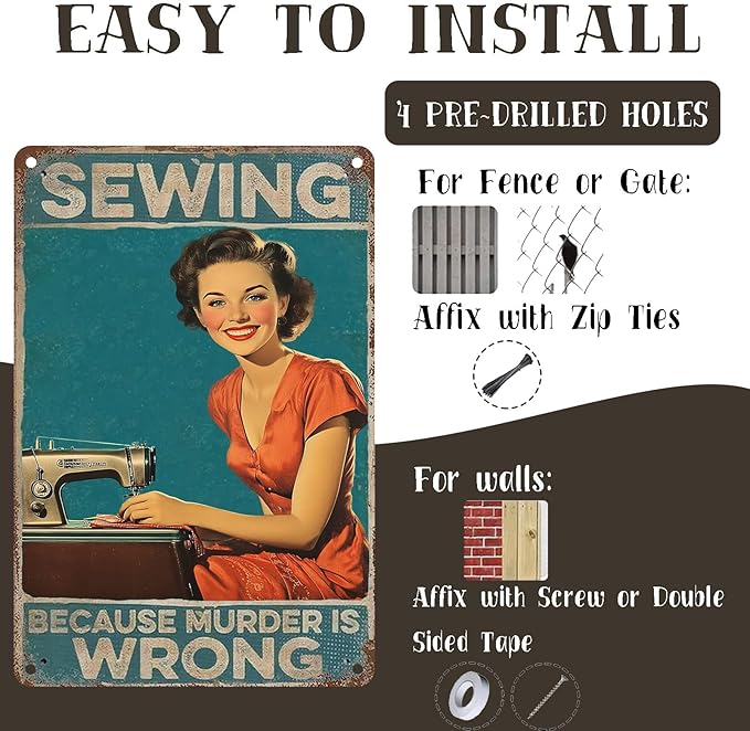 Sewing Because Murder Is Wrong Vintage Metal Signs Funny Tin Sign Retro Indoor Outdoor Wall Decor for Home Office Sewing Room 12×16 Inch