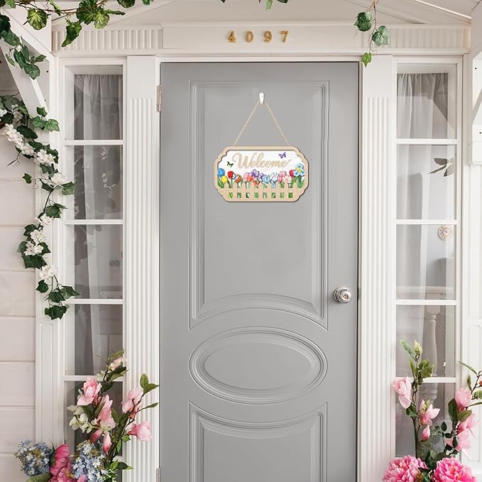 HOURIA 3D Spring Welcome Front Door Sign (11.4”x7”),Floral Butterfly Garden Sign,Colorful Tulip Flower Wreath Sign,Spring Decorations for Home Office Indoor Outdoor
