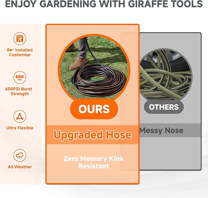 Giraffe Tools Leader Hose 5ft x 5/8", Customizable Rubber Hose, Male to Female Hose, Short Garden Hose Heavy Duty, No Kink, Flexible, Leakproof Water Hose, 600 Burst PSI