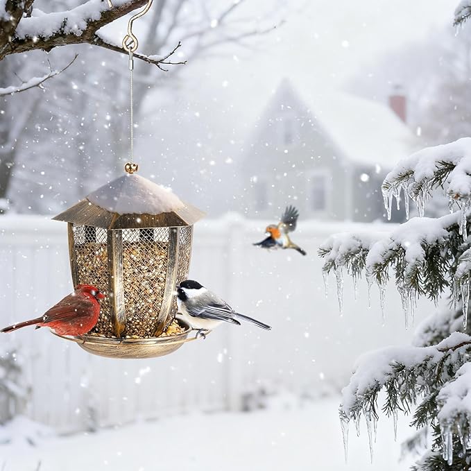 LBTING Bird Feeder for Outside, Hexagon Lantern-Shaped Metal Bird Feeder, Squirrel Proof Wild Bird Feeders for Hanging Outdoor Garden Yard