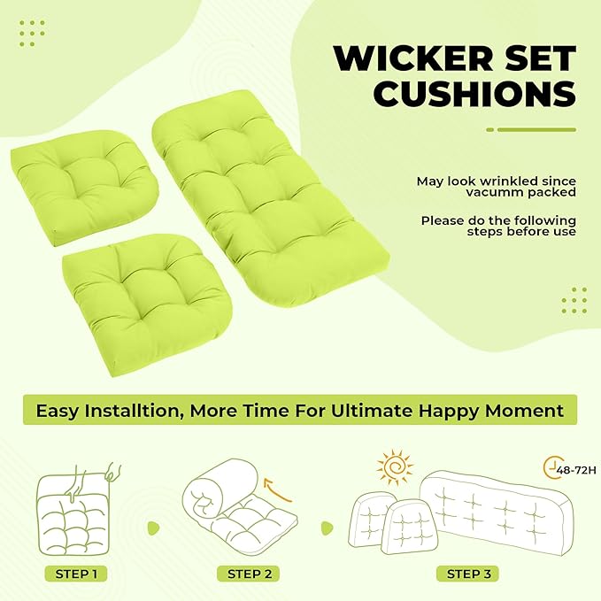 Wicker Chair Cushions, Waterproof Outdoor Loveseat Cushions for Patio Furniture, Tufted Wicker Furniture Cushions, 1 Loveseat and 2 U-Shaped Cushions, Light Green