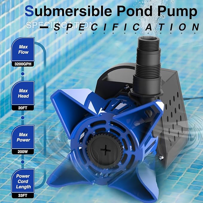3200GPH Pond Pump, 200W Submersible Water Pump with 33FT Power Cord & Barrier Bag, 2 Hose Adapters, 20FT. Lift Height for Garden Ponds, Fountains, Waterfalls, Water Circulation (Blue)
