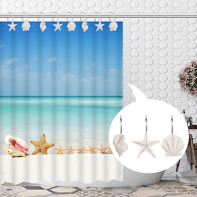Seashell Shower Curtain Hooks，12PCS Anti Rust Decorative Resin Hooks for Bathroom, Baby Room, Bedroom, Living Room Decor (White Seashell)