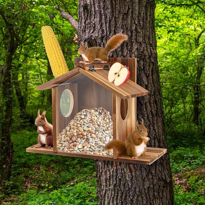 Wood Squirrel Feeder, Outside Squirrel House Box for Corn, Squirrel Picnic Table Feeder Box, Chipmunk Feeder Hold Corn, Corn Cob, Easy to Fill with Removable Front Panel, for Outdoors Winter Tree