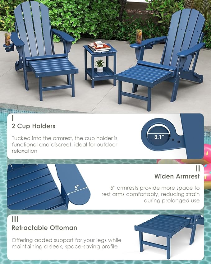GREENVINES Adjustable Adirondack Chair with Retractable Ottoman Set of 2 | Folding | HDPE Plastic | Fire Pit Chairs w/Foot Rest | 2 Cup Holders | Blue | for Outdoor Patio Poolside Deck