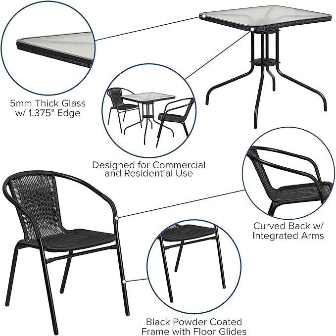 Flash Furniture Lila 28'' Square Glass Metal Table with Black Rattan Edging and 2 Black Rattan Stack Chairs