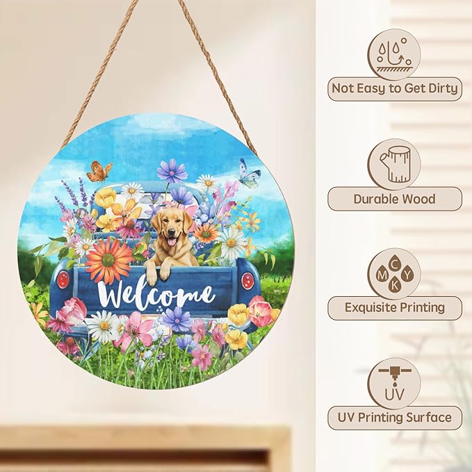 Spring Welcome Door Sign Flower Truck with Retriever Dog Door Hanger Summer Floral Butterfly Decorative Hanging Porch Signs for Wall Outdoor