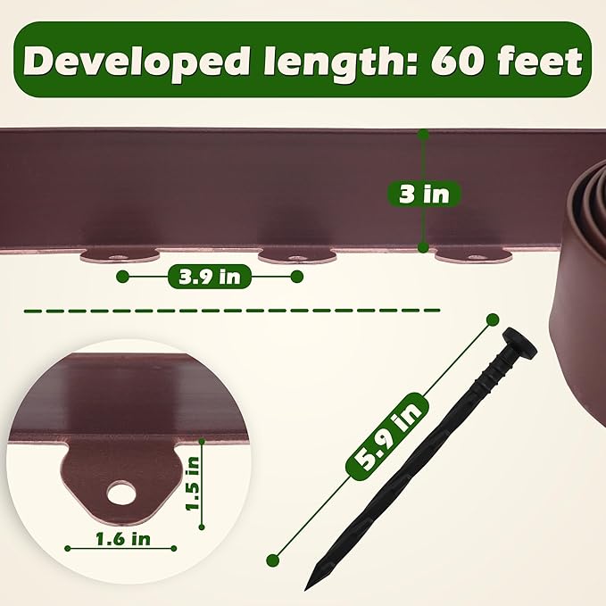 Gardzen Landscape Edging Kit, 60-Foot Long, 3-Inch Tall, No Dig Garden Edging Border for Flower Beds, Tree Rings, Pathways, Includes 60 Spikes, Brown