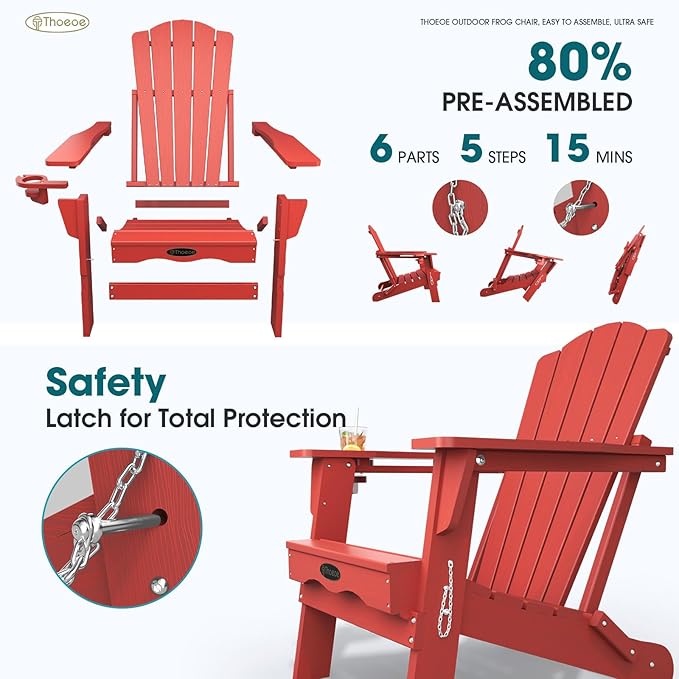 Folding Adirondack Chair Set of 8,HDPE All-Weather Outdoor Chair with Cup Holder,Wooden Textured,Fire Pit Chair,Plastic Patio Chair for Deck,Backyard,Garden,Lawn(Red)