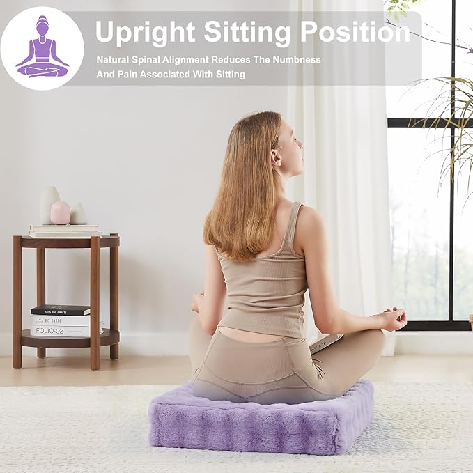 22 inches Floor Pillow for Adults - Large Meditation Cushion with Thick Foam & Soft Tufted Cover - Premium Outdoor Square Floor Cushion Seat - Yoga Pillows for Sitting On Floor - Light Purple