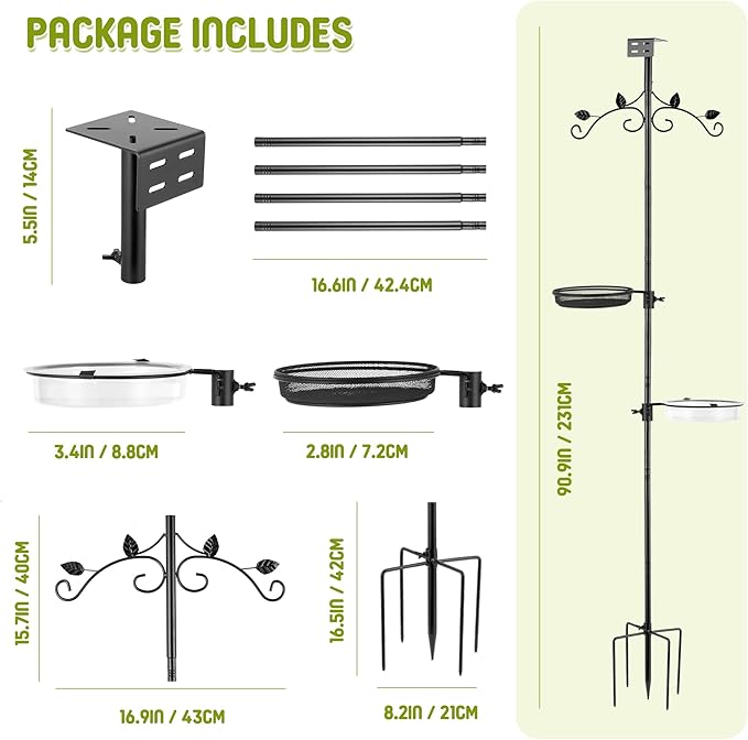 ERYTLLY Bird Feeder Pole Stand, 91 Inch Bird House Pole with 5-Prong Base Shepherds Hook for Hummingbird Feeders, Adjustable Bird Feeder Stand with Water Bowl Metal Mesh Tray for Outdoor Garden Decor