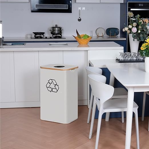 efluky Recycling Bin 100L, 26 Gallon Recycle Bins for Kitchen Indoor Outdoor Home with 2 Removeable and Reusable Inner Bag, Tall Recycle bin for Bottle Can Plastice Stickers (Beige)
