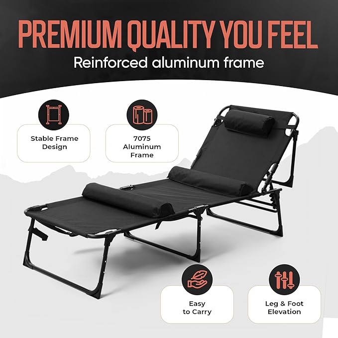 Outdoor Lounge Chair | Extra Large Portable cot incl Leg Raising adjustability | Easy Setup & Takedown | Supports Adults up to 300 lb | Ideal for Camping Patio, Balcony, Beach & More