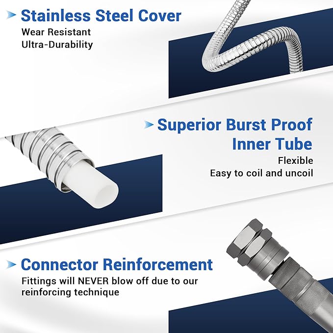 25 FT Stainless Steel Garden Hose – Lightweight No-Kink Metal Water Hose, 304 Steel, Flexible & Easy to Coil, Leak-Proof Swivel Fittings, 8-Mode Nozzle for Patio, Balcony, RV, Small Gardens