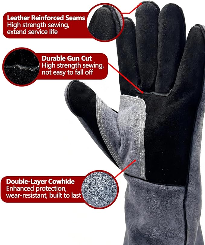 Welding Gloves, 16IN 932℉ Fire Heat Resistant Leather Heavy Duty Work Gloves for Stick Mig Tig Forge BBQ Grill Fireplace Wood Stove Grill Oven XL for Men