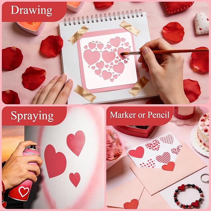 12 PCS Love Heart Stencils for Painting - Different Size Love red Heart Reusable Valentine's Painting Templates on Wood, Glass, Fabric, Window Door Decor DIY Decoration