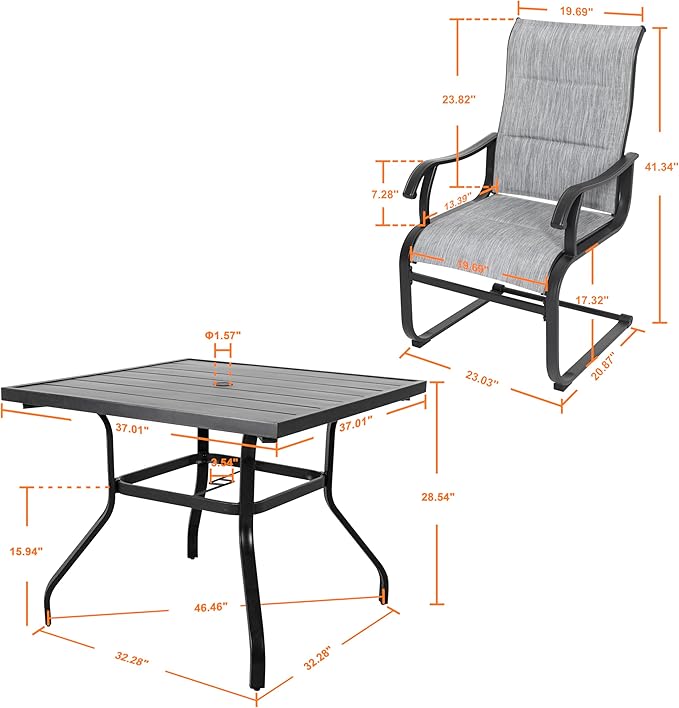 NUU GARDEN 5 Piece Outdoor Dining Set, All Weather Outdoor Padded Textilene Patio Chairs and Square Dining Table with Umbrella Hole for Backyard, Patio, Garden, Deck, Light Grey and Black