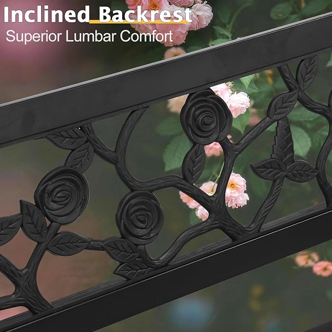 Outvita Outdoor Bench, 50" Iron Steel Frame Garden Bench with Rose Pattern and Plastic Backrest Armrests, Patio Bench for Garden Park Yard Front Porch Patio, Black