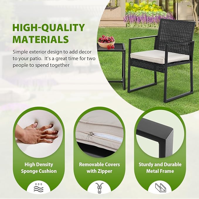 PayLessHere | 3-Piece Outdoor Patio Furniture Set | Khaki | Modern Rattan Bistro Set with Cushioned Chairs & Tempered Glass Coffee Table | Indoor & Outdoor Seating | for Balcony, Garden, Poolside