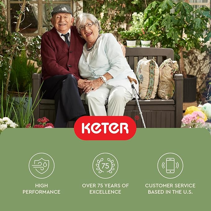 Keter 60 Gallon Storage Bench Deck Box for Patio Furniture, Front Porch Decor and Outdoor Seating – Perfect to Store Garden Tools