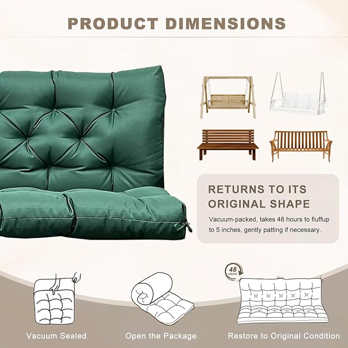Porch Swing Cushion with Backrest,Waterproof Bench Cushion for Outdoor Furniture,2-3 Seater Replacement Thickened Swing Cushion with Ties,Patio,Outdoor,Backyard and Garden (Dark Green,40x40)