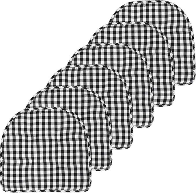 Sweet Home Collection Chair Cushion Memory Foam Pads Tufted Slip Non Skid Rubber Back U-Shaped 17" x 16" Seat Cover, 6 Pack, Checkered Black/White, Pack of 6