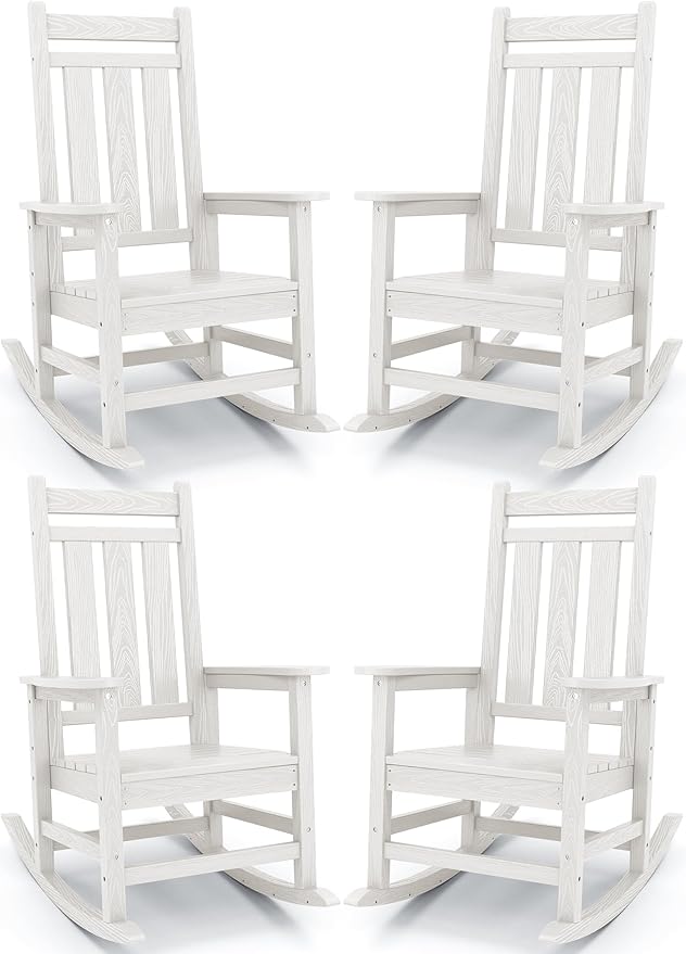 KINGYES Outdoor Rocking Chair Set of 4, All-Weather Patio Rocking Chairs for Porch, HDPE Rocking Outdoor Chairs with High Back for Adult, Heavy Duty Outdoor Patio Rockers for Garden, Lawn, White