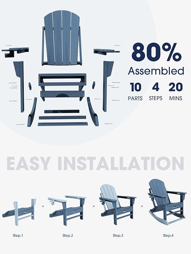KINGYES Adirondack Rocking Chair Set of 4 with Retractable Ottoman and Cup Holders, HDPE Adirondack Rocker Patio Rocking Chair for Porch, Patio, Balcony, Deep Blue