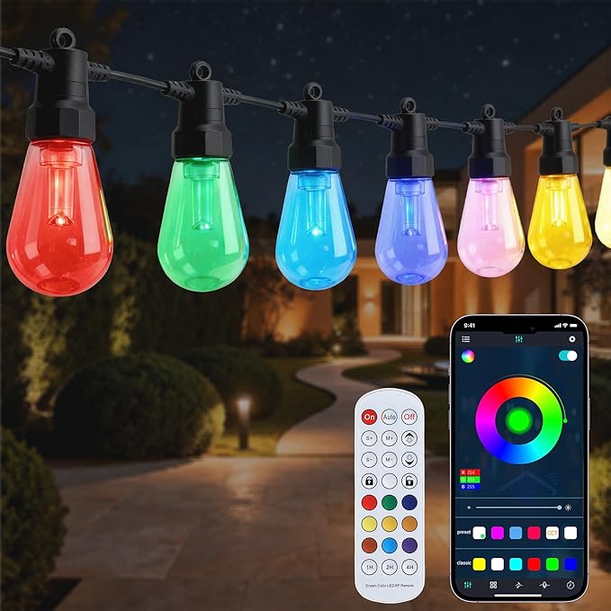 Smart Outdoor String Lights, 50FT RGB Color Changing Patio Lights with Timer, 21-Key RF Remote and Bluetooth App, IP65 Waterproof Shatterproof LED Lights for Backyard Balcony Garden Party Decor