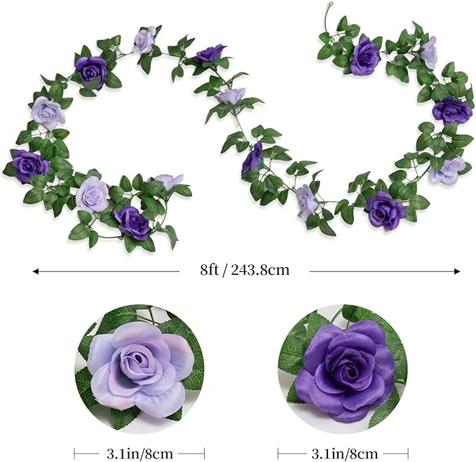 2 Pack 16FT Artificial Rose Garland - Dual Tone Light/Dark Purple Silk Flower Vines for Wedding Arch, Mother's Day, Home Office Décor (32 Roses)