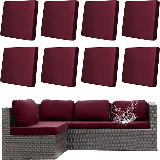 8Pcs Outdoor Cushion Covers, Patio Cushion Covers,Stretch Elastic Slipcovers, Replacement Washable & Reusable Furniture Protector for Patio Couch (Claret,Cover Only)
